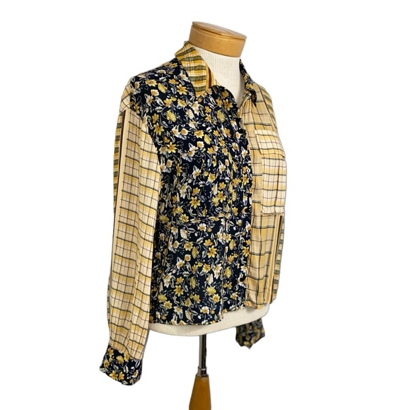 Zara Yellow Black Floral Plaid Cropped Long Sleeve Button Up Shirt Sz XS Women’s - Picture 3 of 9